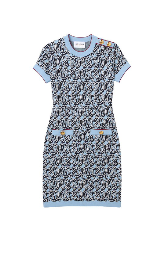 Patterned St John Knits Malbon dress with blue accents on a white background