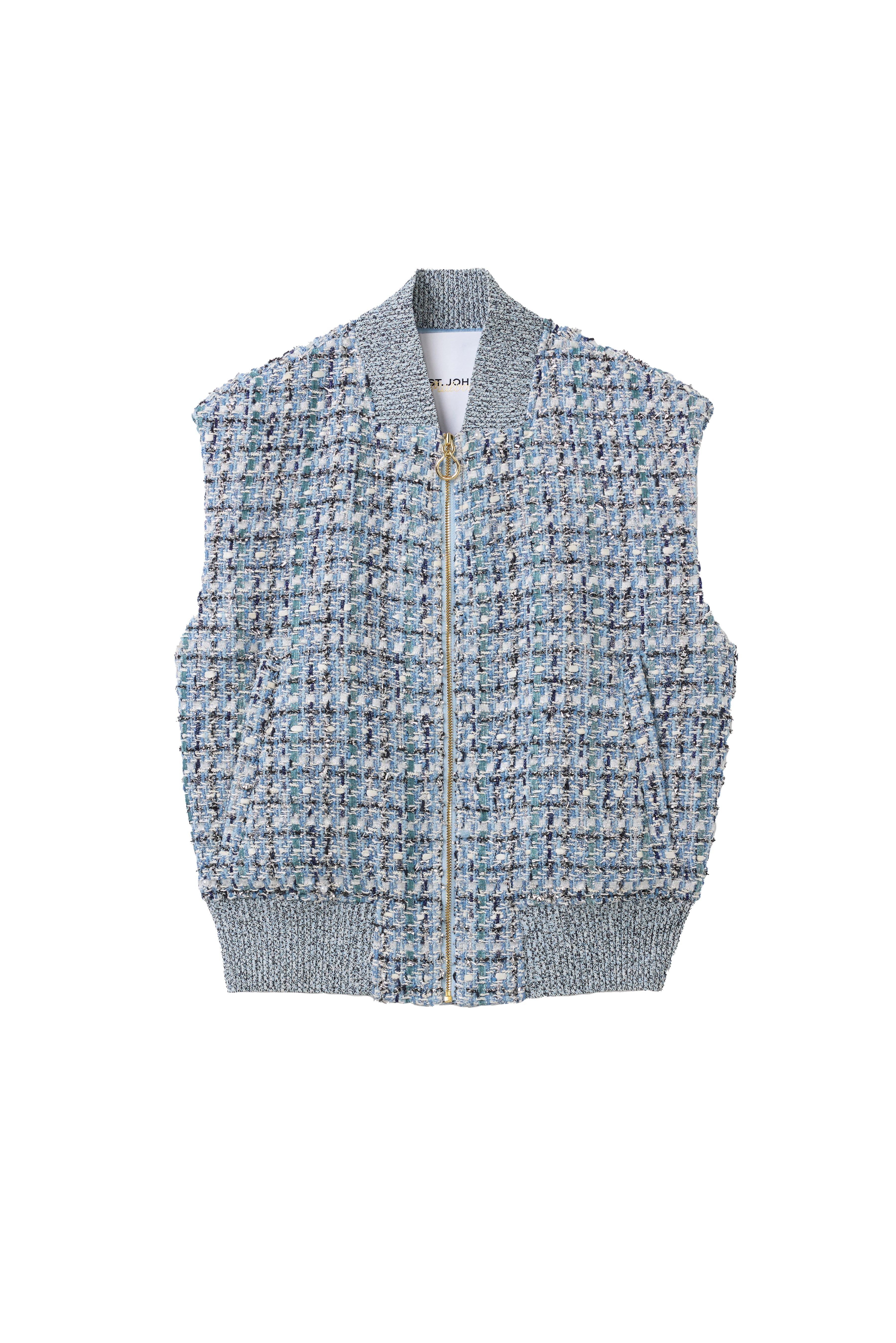 Textured St John Knits Malbon vest with a zipper on a white background