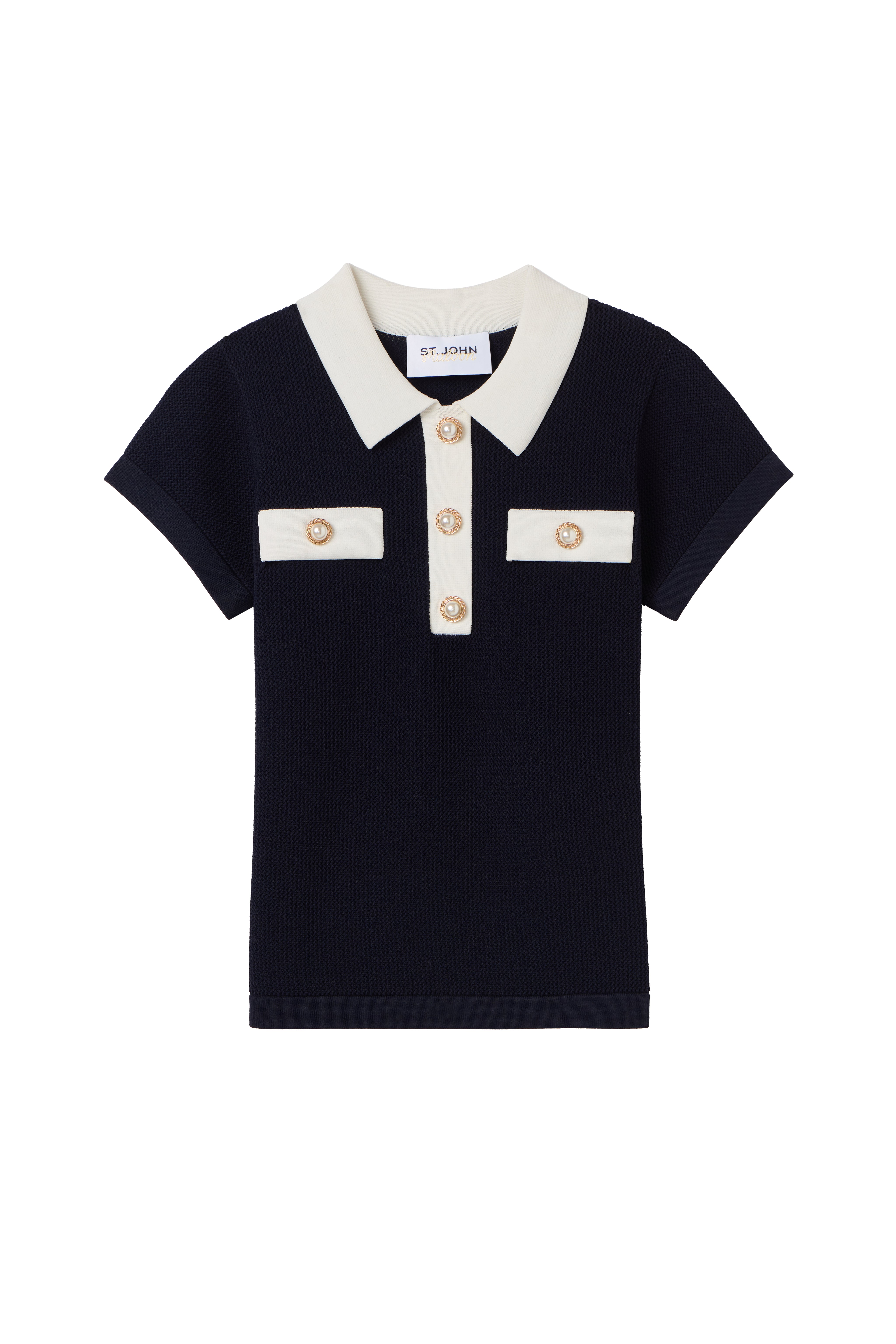 Navy blue St John Knits Malbon polo shirt with white collar and buttons on a white background