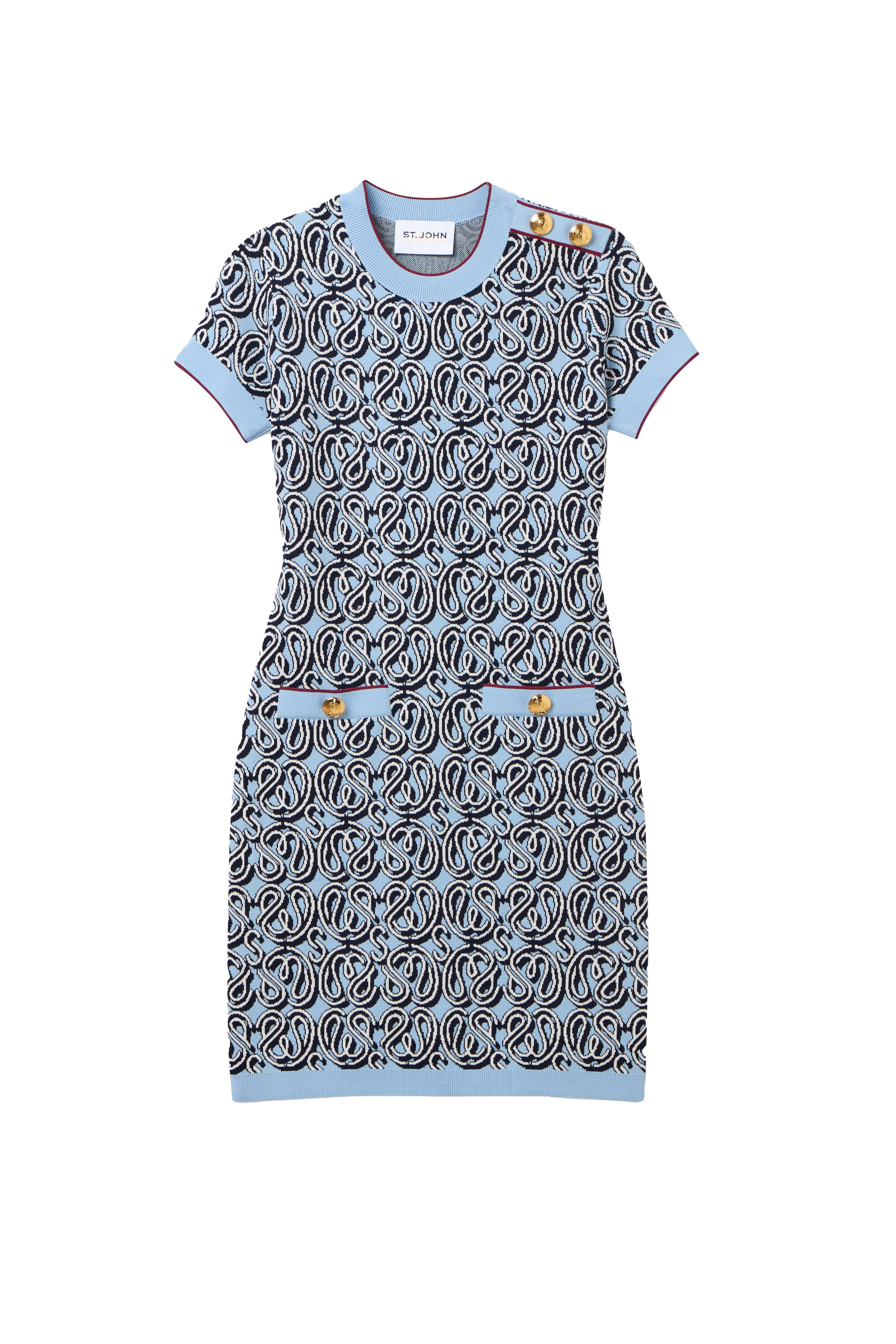 Patterned St John Knits Malbon dress with blue accents on a white background